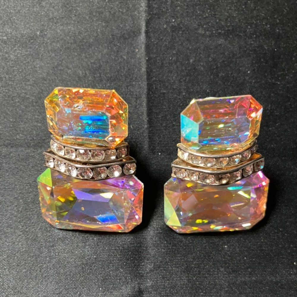 Retro. Dazzling Prism and Rhinestone Earrings. Square Design. Clip Back.